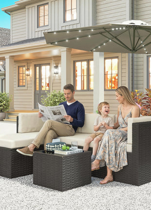 3 Piece Patio Furniture Set, Wicker Outdoor Patio Conversation Furniture Set with Cushions, Glass Top Table, Beige