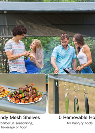 7FT Grill Gazebo BBQ Canopy with Sun Shade Panel Side Awning, 2 Exterior Serving Shelves, 5 Hooks for Patio Lawn Backyard