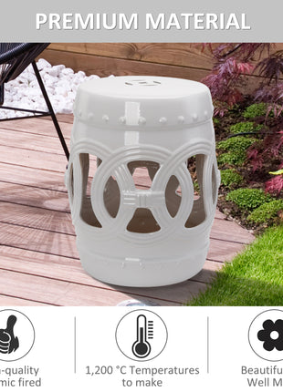 14" x 17" Ceramic Garden Stool with Double-Coin Knotted Ring Design & Strong Glazed Material, Decorative Outdoor Stool, Home Collection, White