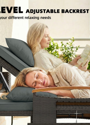 Rattan Outdoor Daybed w/4-Level Adjustable Backrest, Patio Sofa Bed w/Storage Ottoman, Acacia Wood Armrest, Mixed Gray