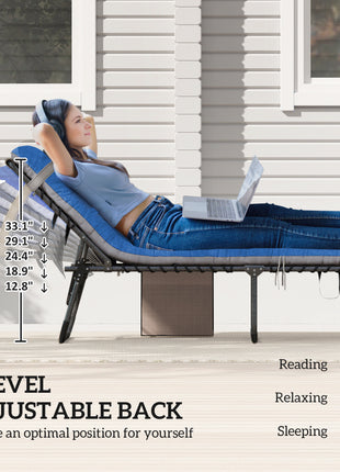 Outdoor Chaise Lounge Chair Set of 2, 5-Level Adjustable Folding Pool Lounge Chairs with Cushions, Brown/Blue