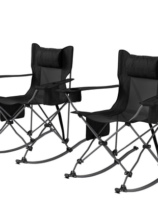 Folding Rocking Camping Chairs, Portable Chairs with Headrest, Cooler Bag, Cup Holder, Carry Bag, 2 Pack, Black