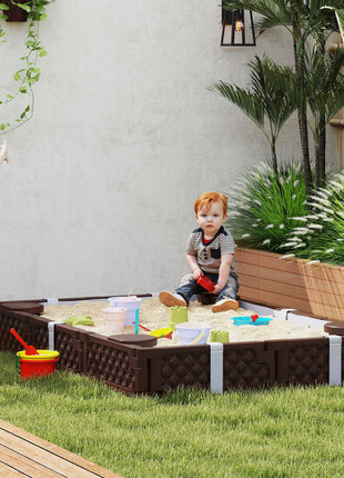 Kids Sandbox with Cover, 4 Corner Seats, Bottom Liner for Backyard, Garden, Outdoor, 73" x 47" x 9", Dark Brown