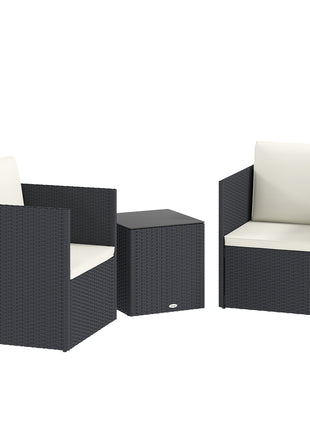 Folding Wicker Bistro Set, 3 Piece Patio Furniture Set with Cushions and Glass Coffee Table for Porch, Balcony, Black