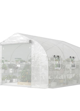 10'x11'x6' Walk-in Tunnel Greenhouse with Shelves, Mesh Door and Windows, Plant Hot House with PE Cover, White
