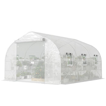 10'x11'x6' Walk-in Tunnel Greenhouse with Shelves, Mesh Door and Windows, Plant Hot House with PE Cover, White