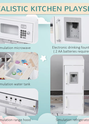 Corner Kids Kitchen Playset, Wooden Pretend Toy Kitchen Set with Drinking Fountain, Microwave, Fridge and Accessories, Pretend Play Kitchen for 3+ Years, White