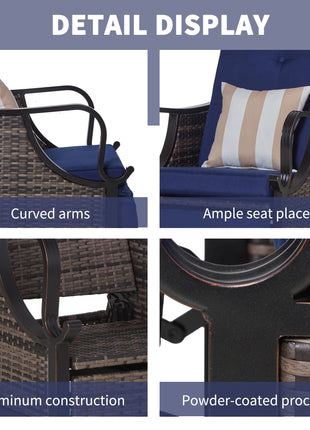 Outdoor Recliner Chair with Cushion, Rust-Resistant Aluminum Frames PE Wicker Patio Lounge Chaise Chair with Adjustable Reclining Backrest and Footrest, Pillow, Dark Blue