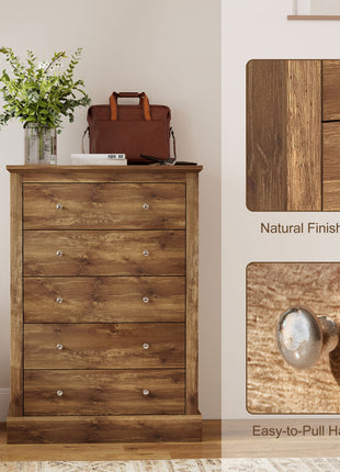31" Wide Farmhouse Chest of Drawers with 5 Drawers, Dresser for Bedroom with Wood Top for Living Room, Brown