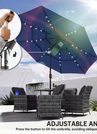 9.7 ft Outdoor Patio Umbrella with Solar LED Lights, 3 Tier Outdoor Table Umbrella with Tilt, Crank, Navy Blue