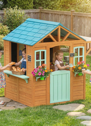 Outdoor Playhouse with Snack Bar, Half Door, Windows, Flowerpot Holders, Chalkboard, Tossing Game