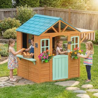 Outdoor Playhouse with Snack Bar, Half Door, Windows, Flowerpot Holders, Chalkboard, Tossing Game