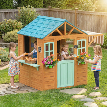 Outdoor Playhouse with Snack Bar, Half Door, Windows, Flowerpot Holders, Chalkboard, Tossing Game