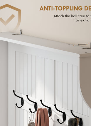 3-In-1 Entryway Bench with Coat Rack, Hall Tree with Bench and Shoe Storage, 5 Hooks for Hallway Cream White