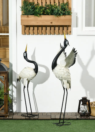 Set of 2 Garden Sculptures, Heron Garden Statues for Lawn, Patio, Backyard Decoration, 35.5" & 40.5", White & Black