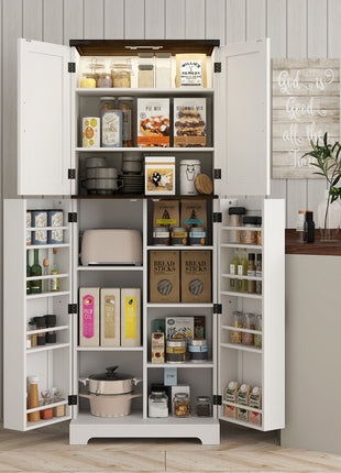 64" Tall Kitchen Pantry Cabinet with Motion Sensor Light, Spice Racks and Adjustable Shelves, White