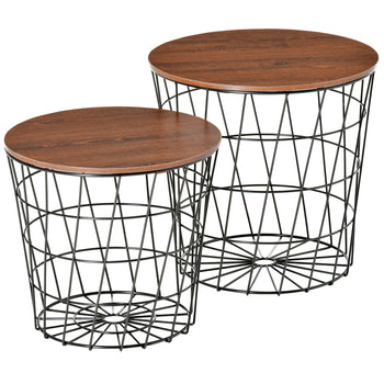 End Tables Set of 2, Nesting Tables with Storage, Round Accent Side Tables with Removable Top for Living Room,  Black/ Brown