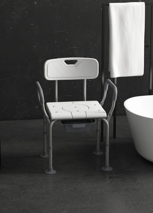 3-in-1 Shower Chair with Back and Arms, Height Adjustable Bedside Commode, Raised Toilet Seat with Non-Slip Rubber Foot Pad for Seniors, Disabled, White