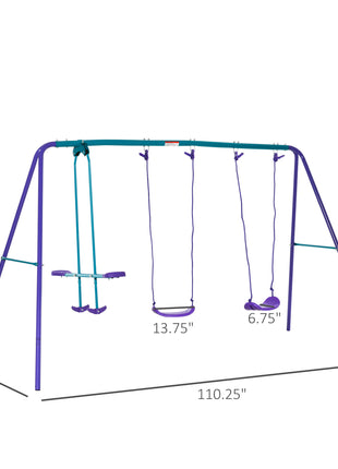 Metal Swing Set with Glider, Two S Seats and Adjustable Height, Outdoor Heavy Duty A-Frame Kids Playset Suitable, Purple