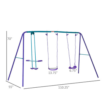 Metal Swing Set with Glider, Two S Seats and Adjustable Height, Outdoor Heavy Duty A-Frame Kids Playset Suitable, Purple