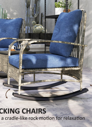 3 Piece Wicker Patio Furniture Set, Outdoor PE Rattan Rocking Chairs with Coffee Table, Cushions for Porch, Gray