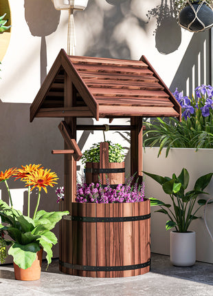 Wood Wishing Well for Outside with Hanging Bucket, Wishing Well Planter with Drain Hole for Garden Patio, Carbonized