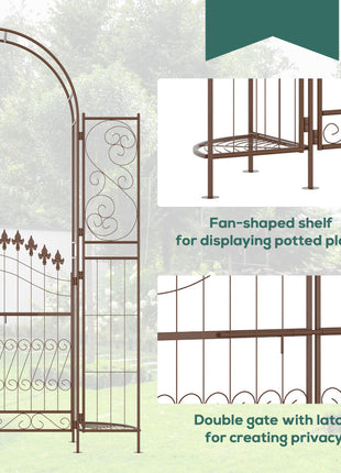 7' Metal Garden Arbor, Garden Arch with Gate, Fleur De Lis Motif, Latching Doors, Planter Shelves for Climbing Vines, Ceremony, Weddings, Party, Garden, Backyard, Lawn, Brown
