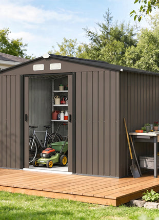Outdoor Shed Garden Storage Shed Tool Storage Building with 4 Vents and 2 Sliding Doors, 9 x 6 FT, Brown