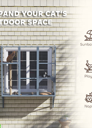 Catio Outdoor, Window Catio for 2-3 Large Indoor Cats w/ 2 Jumping Platforms, Scratching Post, for Playing, Napping