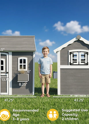 Outdoor Wooden Playhouse for Kids with Floor, Door, Windows, Planter Box for 3-8 Years Old, Backyard, Lawn, Garden