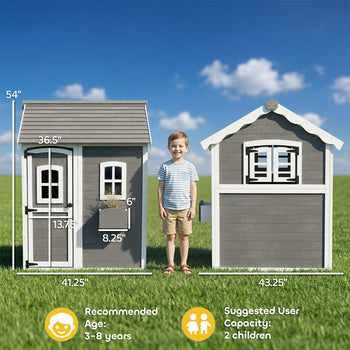 Outdoor Wooden Playhouse for Kids with Floor, Door, Windows, Planter Box for 3-8 Years Old, Backyard, Lawn, Garden