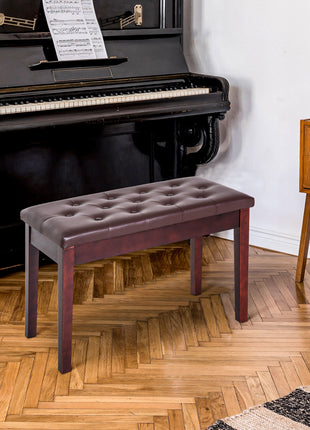 Piano Bench, Duet Piano Chair with Faux Leather Padded Cushion and Wooden Frame, Button Tufted Keyboard Bench, Brown