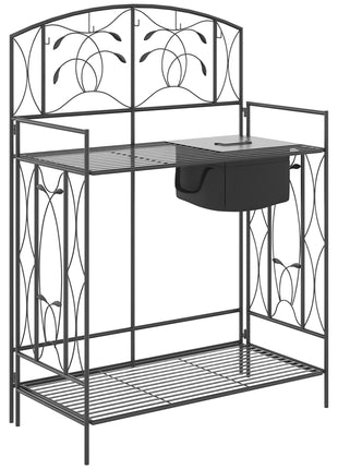 Folding Potting Bench Table, Metal Garden Workstation, Work Bench with Large Built-in Bag with Cover, 5 Hanging Hooks & Storage Shelf, Leaf Pattern