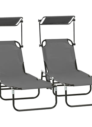 Pool Chaise Lounge Chairs Set of 2, Folding Lounge Chairs with Sunshade, Reclining Back, Steel Frame, Dark Gray