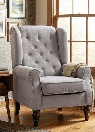 Mid-Century Modern Accent Chair, High Wingback Reading Chair, Button-Tufted Upholstered Fabric Armchair with Retro Wood Legs for Apartment, Living Room, Bedroom, Gray