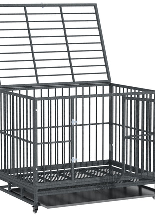 43" Heavy Duty Dog Crate Metal Cage Kennel with Lockable Wheels, Double Door and Removable Tray, Gray