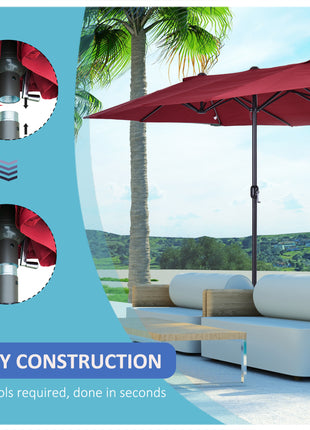 Extra Large 15 ft Patio Umbrella, Double-Sided Wide Outdoor Umbrella with Crank Handle and Air Vents for Backyard, Deck, Pool, Market, Wine Red