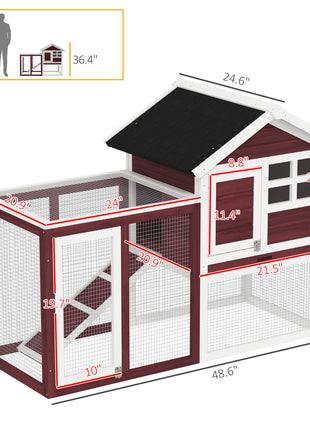 49" Wooden Rabbit Hutch Bunny Cage with Waterproof Asphalt Roof, Fun Outdoor Run, Removable Tray and Ramp, for Rabbits, Chickens, Ducks, Brown