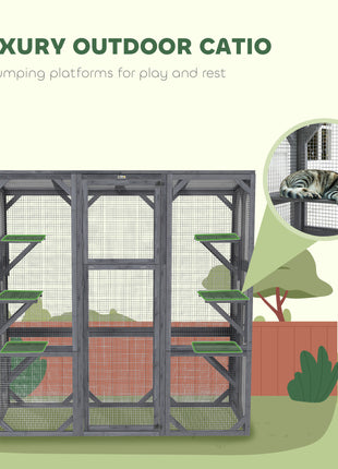 Large Wooden Catio Outdoor with 6 Jumping Platforms, Weatherproof Roof, for 1-3 Cats, 59" x 28" x 60", Gray