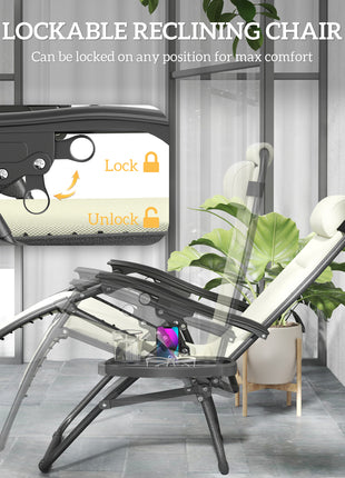 Zero Gravity Lounge Chair Set, 2 Pieces Reclining Folding Outdoor Lounge Chairs with Headrest Side Tray, Cream