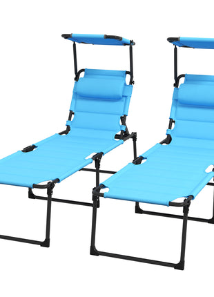 2 Pcs Outdoor Lounge Chair, 4 Position Adjustable Backrest, Folding, Cushioned w/ Sun Shade Roof & Pillow, Blue