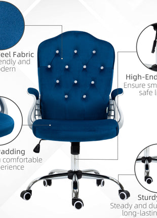 Velvet Office Chair Desk Chair with 360 Degree Swivel Wheels Adjustable Height Tilt Function Blue