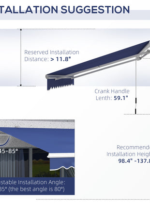 13' x 8' Patio Awning, Manual Retractable Sun Shade with UV Protection and Easy Crank Opening, Dark Blue