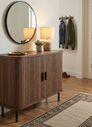 35.4" Sideboard Buffet Cabinet with Storage, Nordic Coffee Bar Cabinet with Slatted Tambour Doors and Metal Legs, Walnut