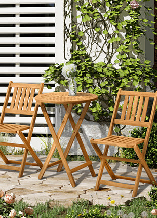 3-Piece Acacia Wood Bistro Set, Folding Patio Furniture with 2 Folding Chairs and Round Coffee Table, Teak, Slatted Finish, for Backyard, Balcony, Deck, Natural
