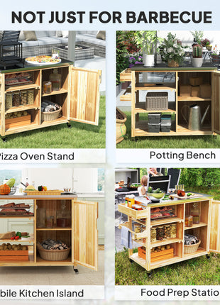 Outdoor Grill Cart with Stainless Steel Top, Solid Wood Outdoor Kitchen Island with Wheels, Natural Wood