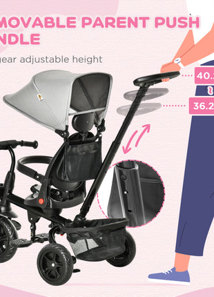 Kids Tricycle, 4 in 1 Foldable Trike with Reversible Seat, Adjustable Parent Handle, Safety Harness, Wheel Brakes, Removable Canopy, Storage, Tricycle for Toddlers 1-5 Years, Gray