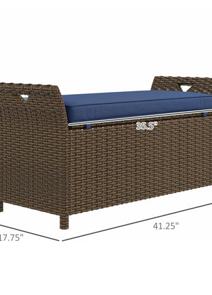 Outdoor Patio Wicker Storage Bench, 2-In-1 Rattan Patio Furniture, 29 Gal Storage Box w/ Cushion, Dark Blue