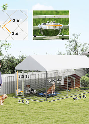 Outdoor Dog Kennel w/ Adjustable & Rotatable Bowl Rack, Waterproof UV-Resistant Cover, Secure Lock, 19.7' x 7.5' x 7.5'