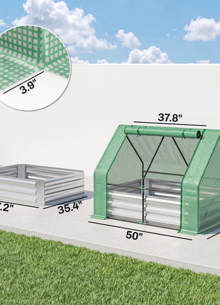 4 x 3ft Metal Planter Box with Mini Greenhouse, Galvanized Raised Garden Bed with Cover, Green and Gray